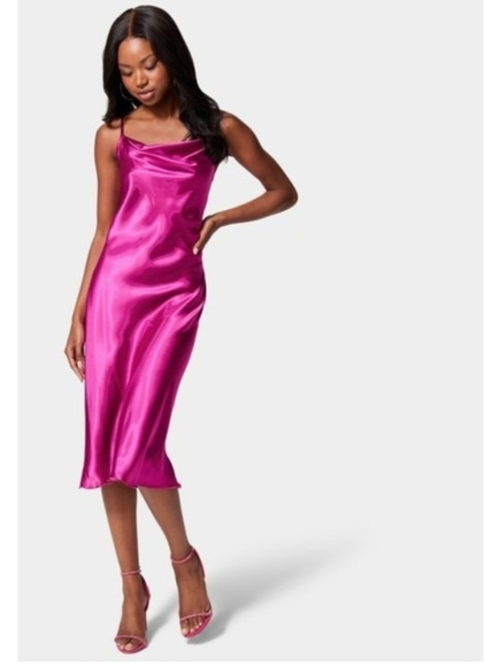 Fuchsia Satin Slip Cowl Neck Knee Length Midi Dress